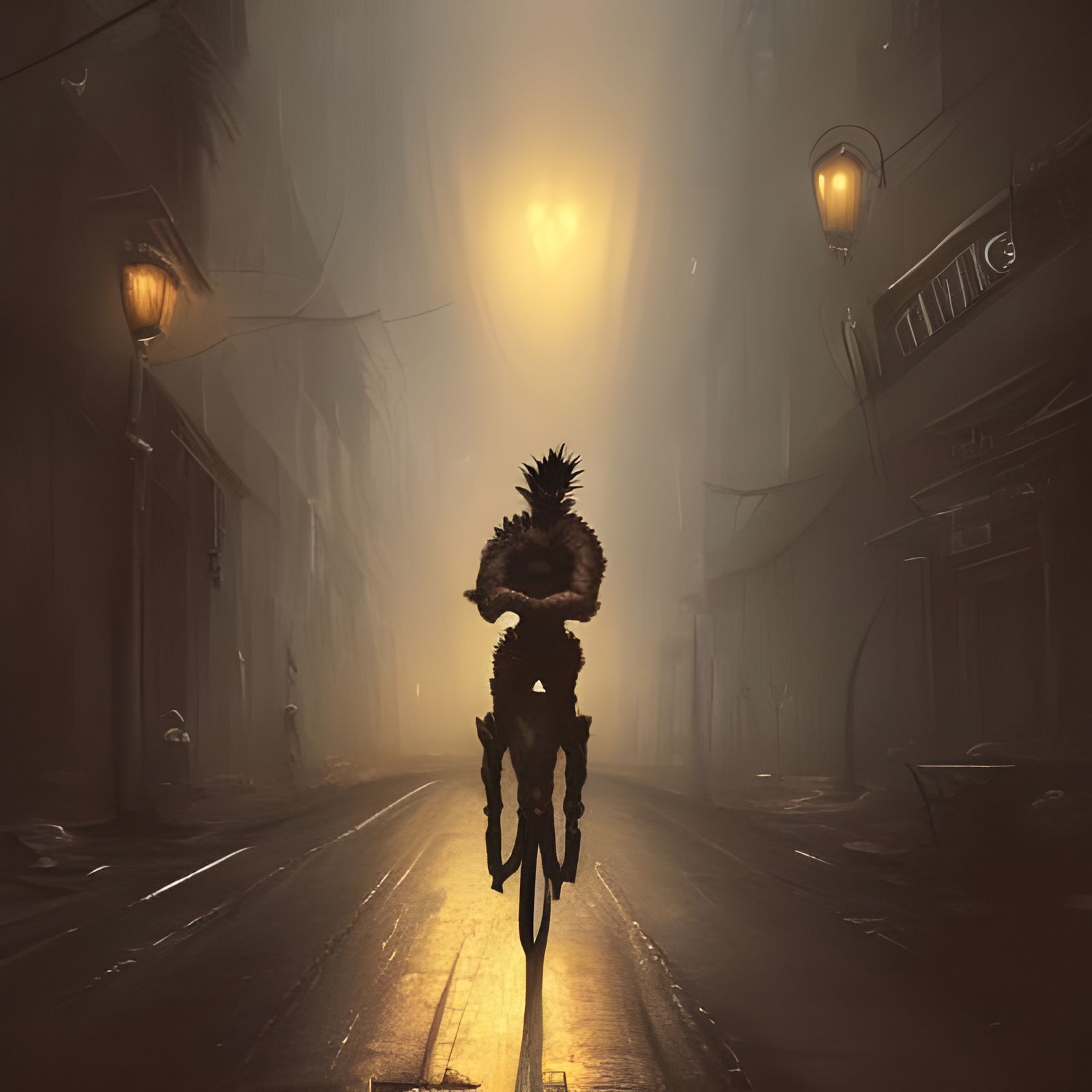 Pineapple Helmet Unicyclist in Dark City, Hyperdetailed Art