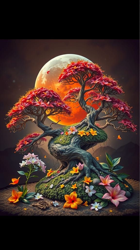 Majestic Red Bonsai Tree Under Blood Moon