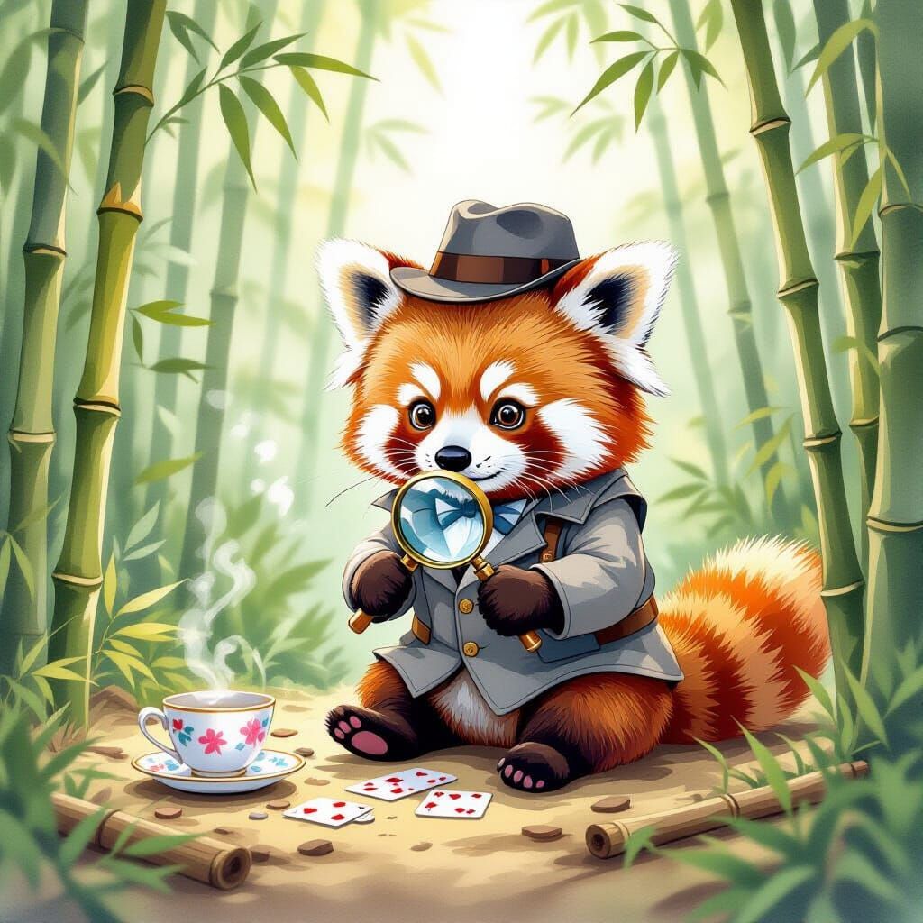 Red Panda Detective in Watercolor Bamboo Forest