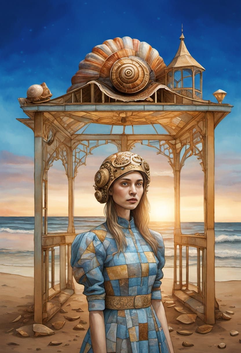 Girl with Shell in Surreal Steampunk Watercolor