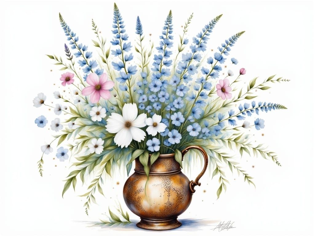 Ethereal Blue Bouquet in Ornate Vintage Vase, Delicate Water...