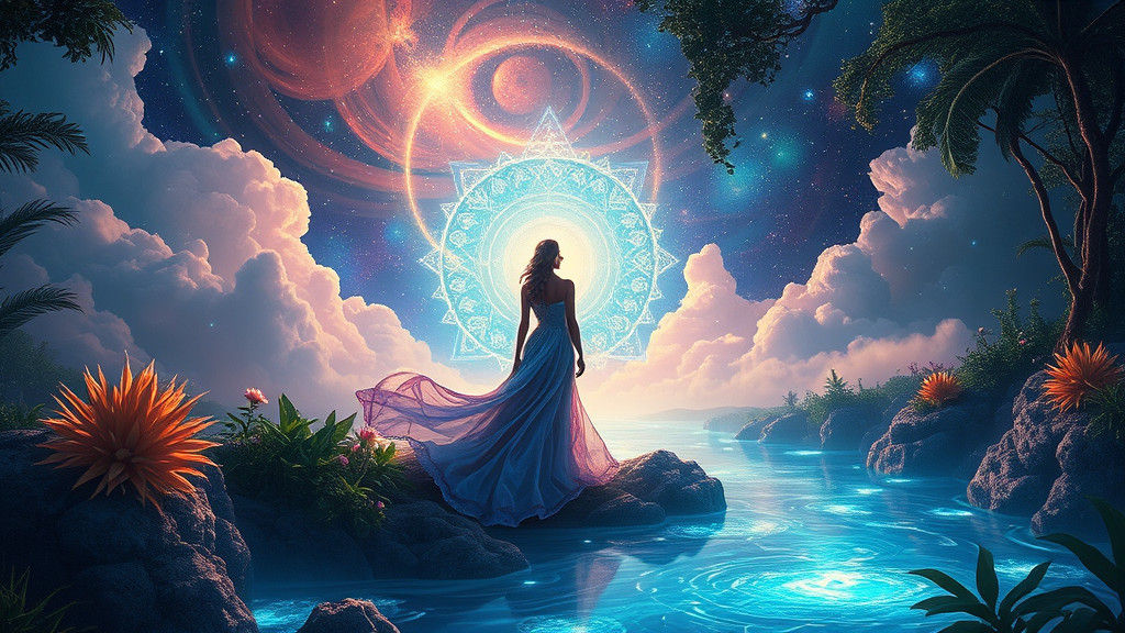 Mystical Woman at Ethereal River in Holographic Style