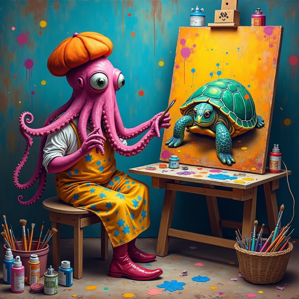 Octopus Artist Paints Turtle Portrait in Naive Art Style