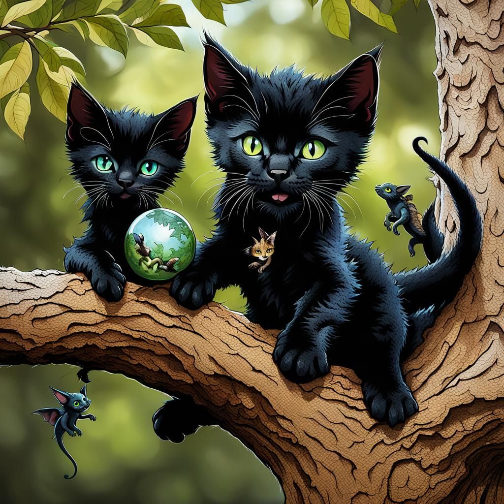 Kittens and Baby Dragon Playing in Tree