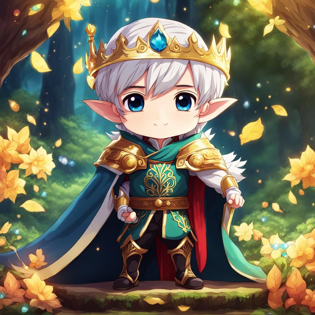Kawaii Elf King in Anime Cartoon Style