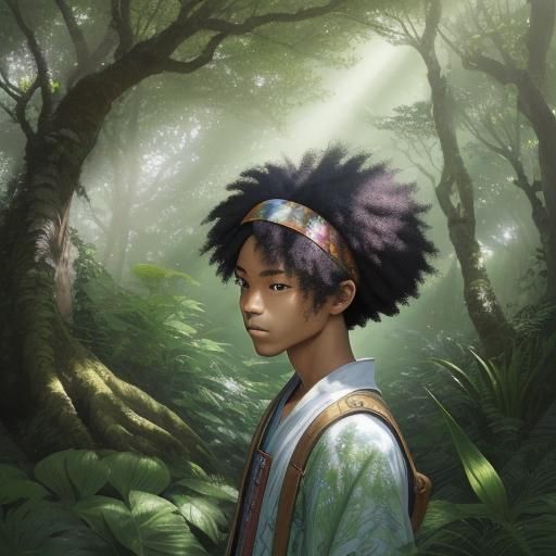 Chibi Anime Boy in Lush Forest, Dreamy Illustration