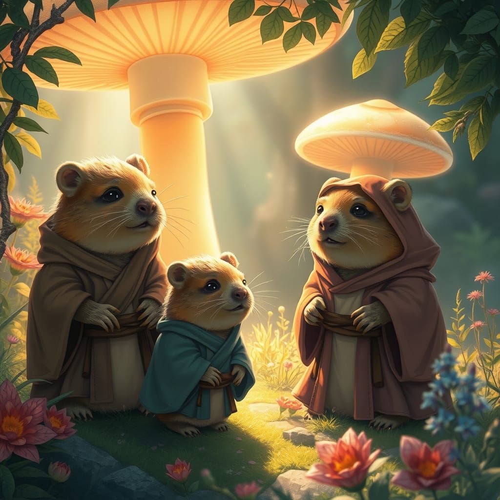 Capybaras in Jedi Robes Frolic in a Surreal Bioluminescent F...