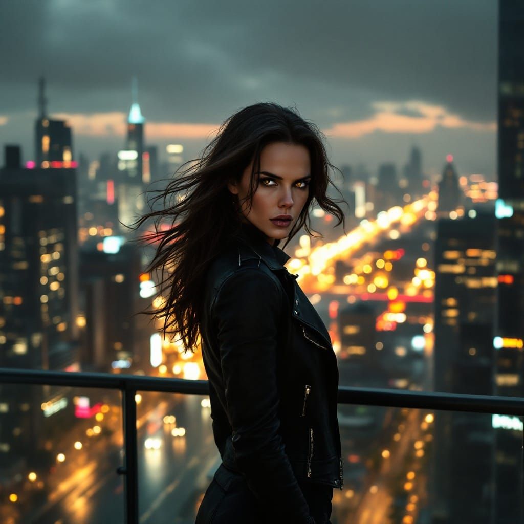 Kate Beckinsale at Night in Cyberpunk Cityscape