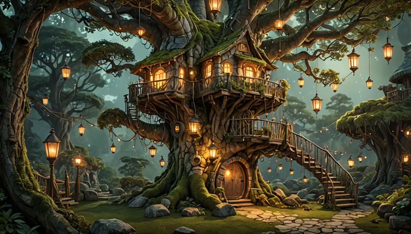 Whimsical Treehouse Concept Art with Fairy Lights