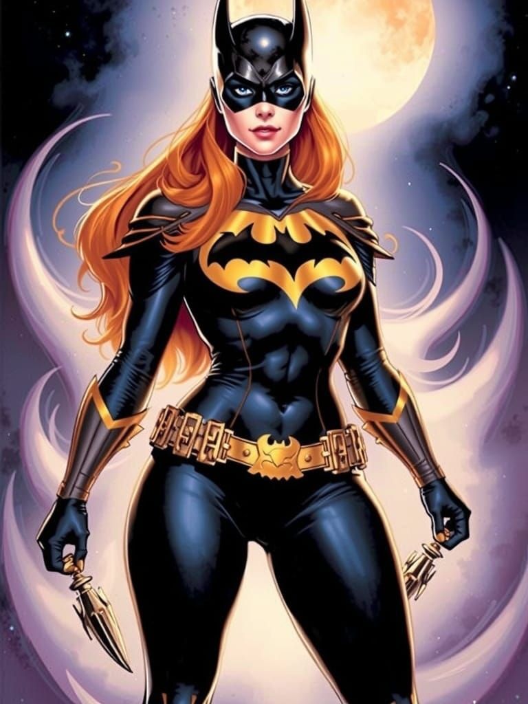 Batgirl in the style of 
Frank Frazetta, 
Boris Vallejo, 
Ju...