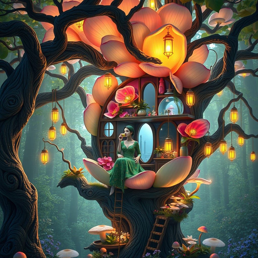 Surreal Kitchen Utensil Woman in a Blooming Flower Treehouse