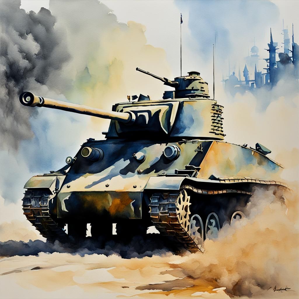 Blown Up Sherman Tank in Impressionist Watercolor