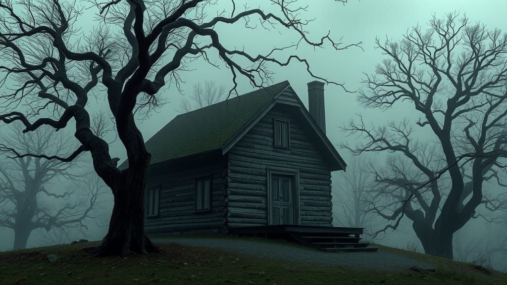 Sinister Hillside Cabin in a Haunting, Isolated Atmosphere