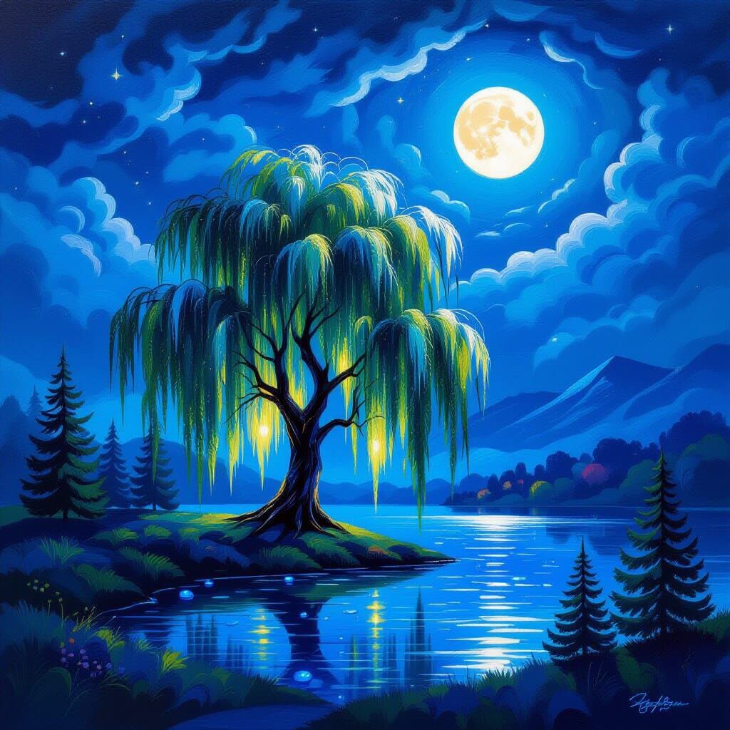 Magical Night Landscape with Glowing Willow Tree