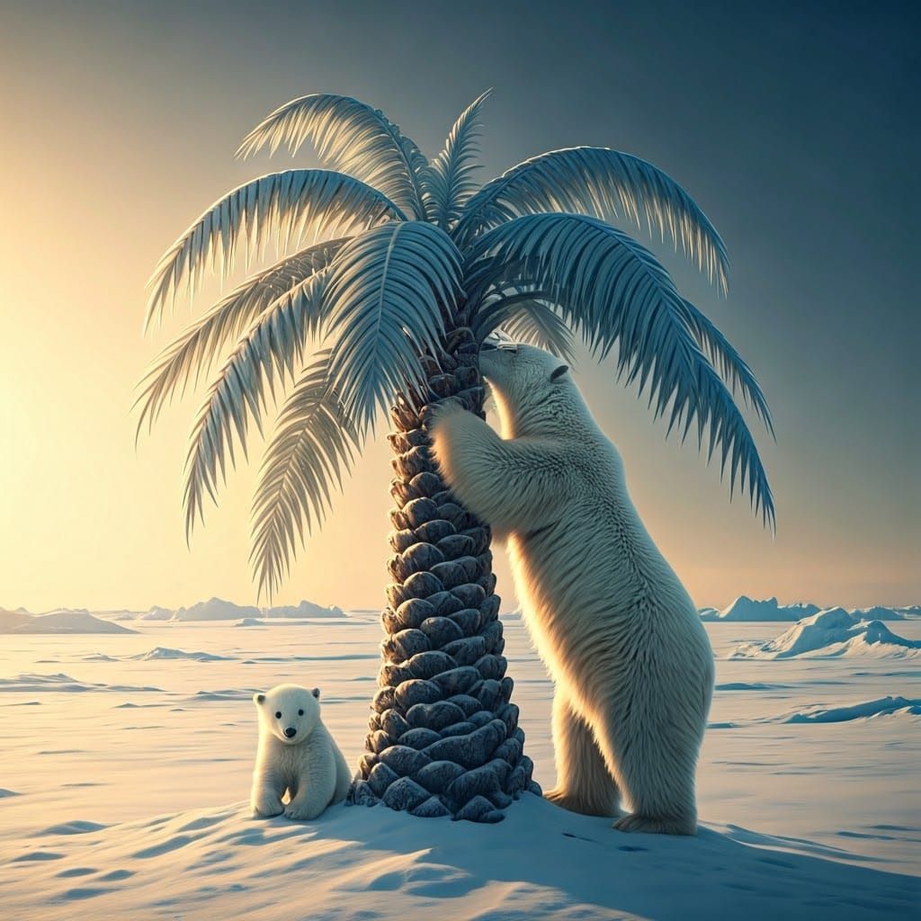 Polar Bear Family at Frozen Palm Tree: Photorealistic Art