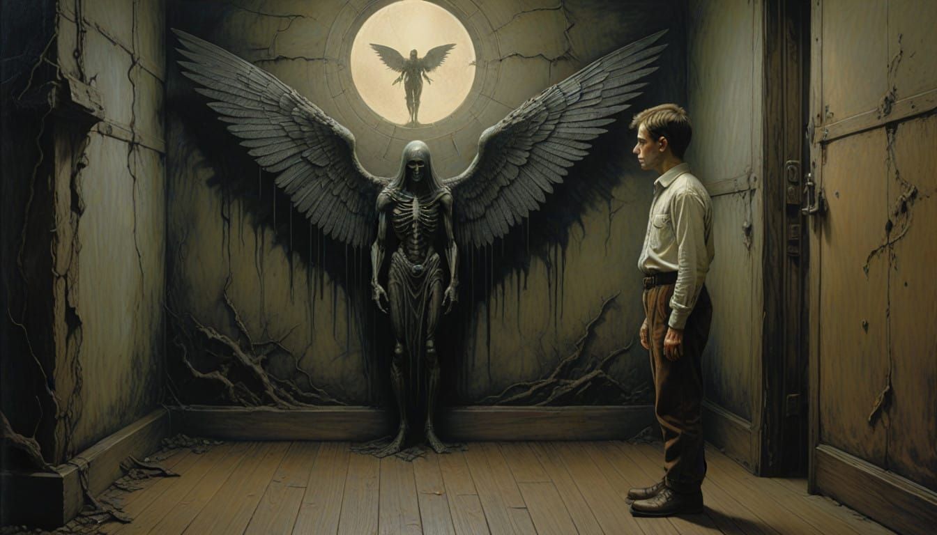 Boy Faced with Dark Angel Shadow in Dimly Lit Room