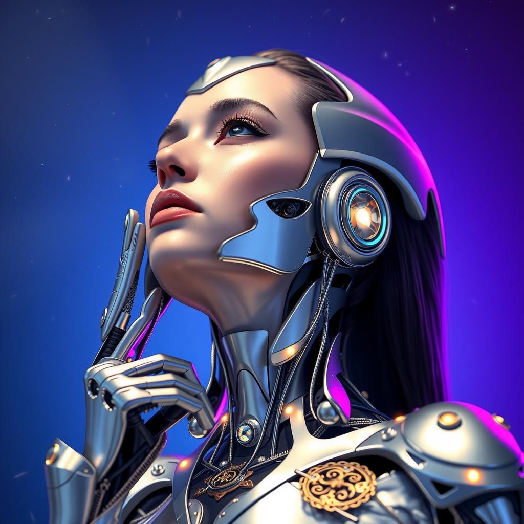 Cyborg Woman in Futuristic Reverie, Syd Mead Style