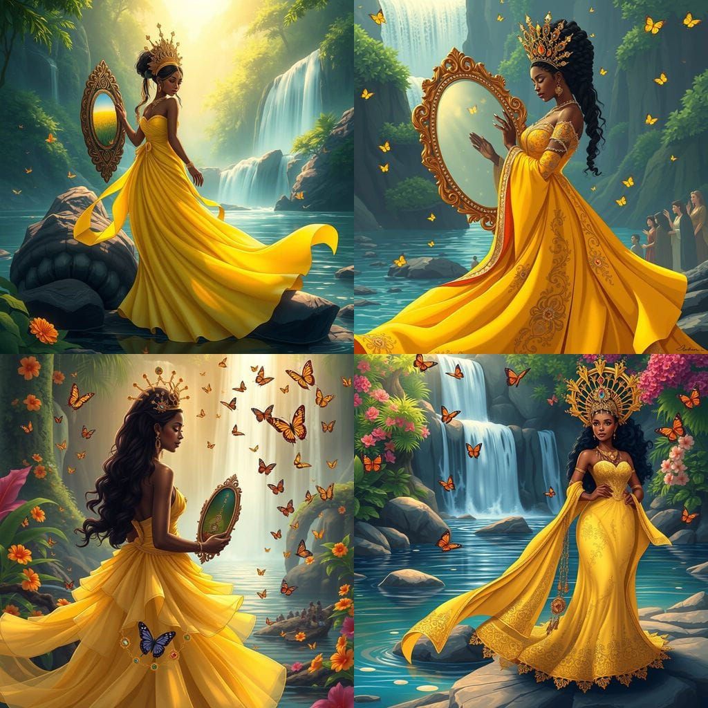 Goddess Oshun in Elegant Yellow Regalia with Vibrant Gemston...