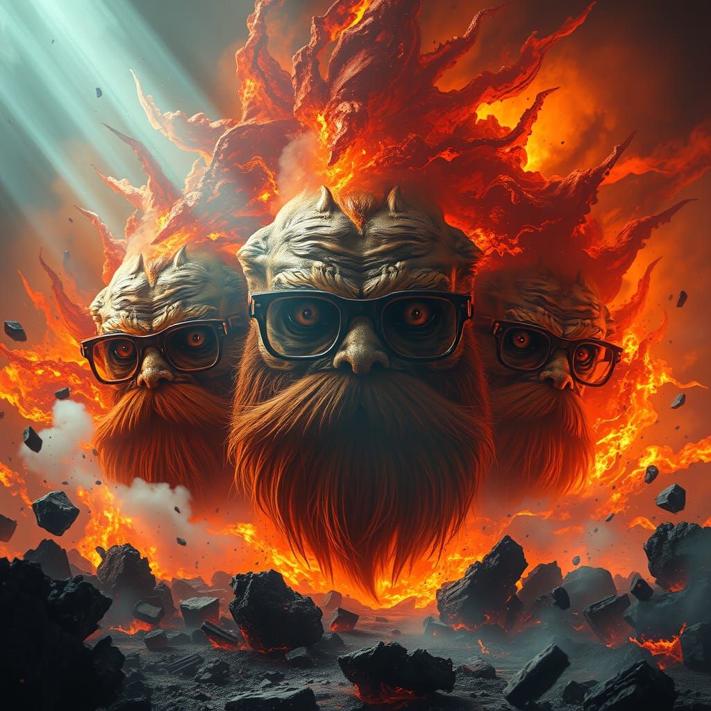 Monstrous Eyes with Beards Emerge from Fiery Landscape