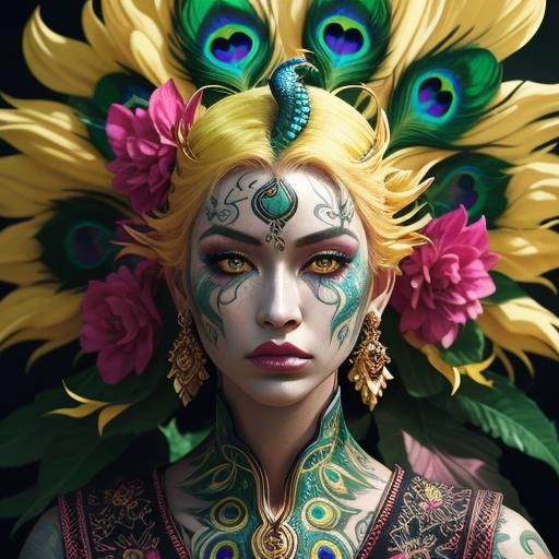 Vibrant Dragon Peacock Woman in Hyperrealistic Style