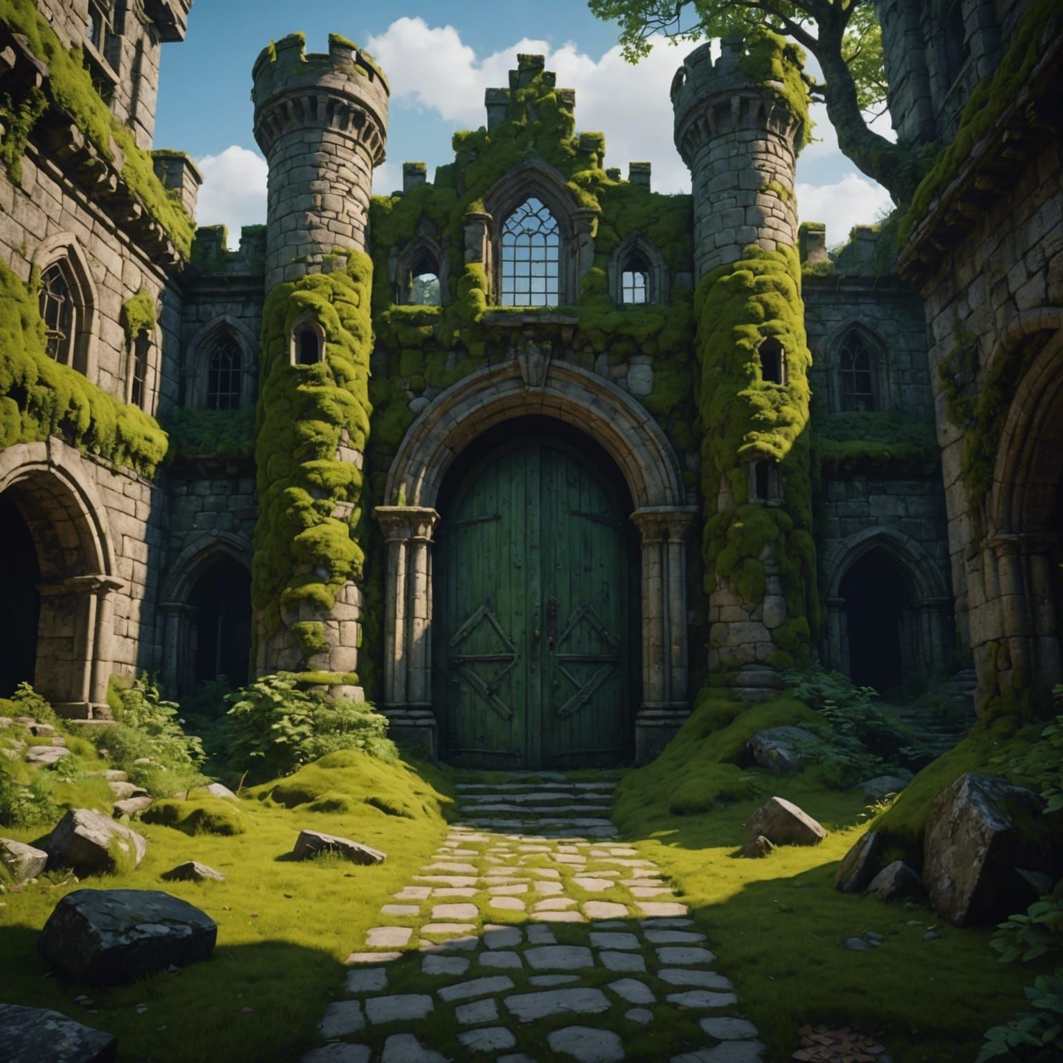 Mystical Moss-Covered Castle Entrance: Fantasy Concept Art
