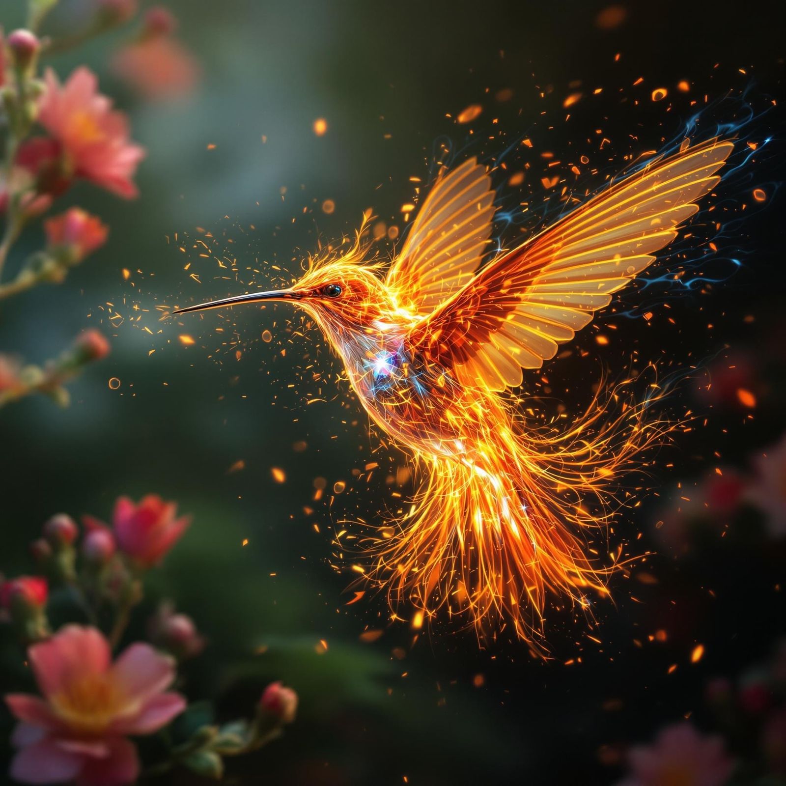 Fiery Hummingbird in Flight: Hyperrealistic Ember Trails