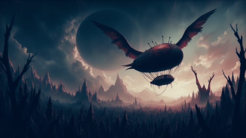 Anime Zeppelin Over Monster Field in Junji Ito Style