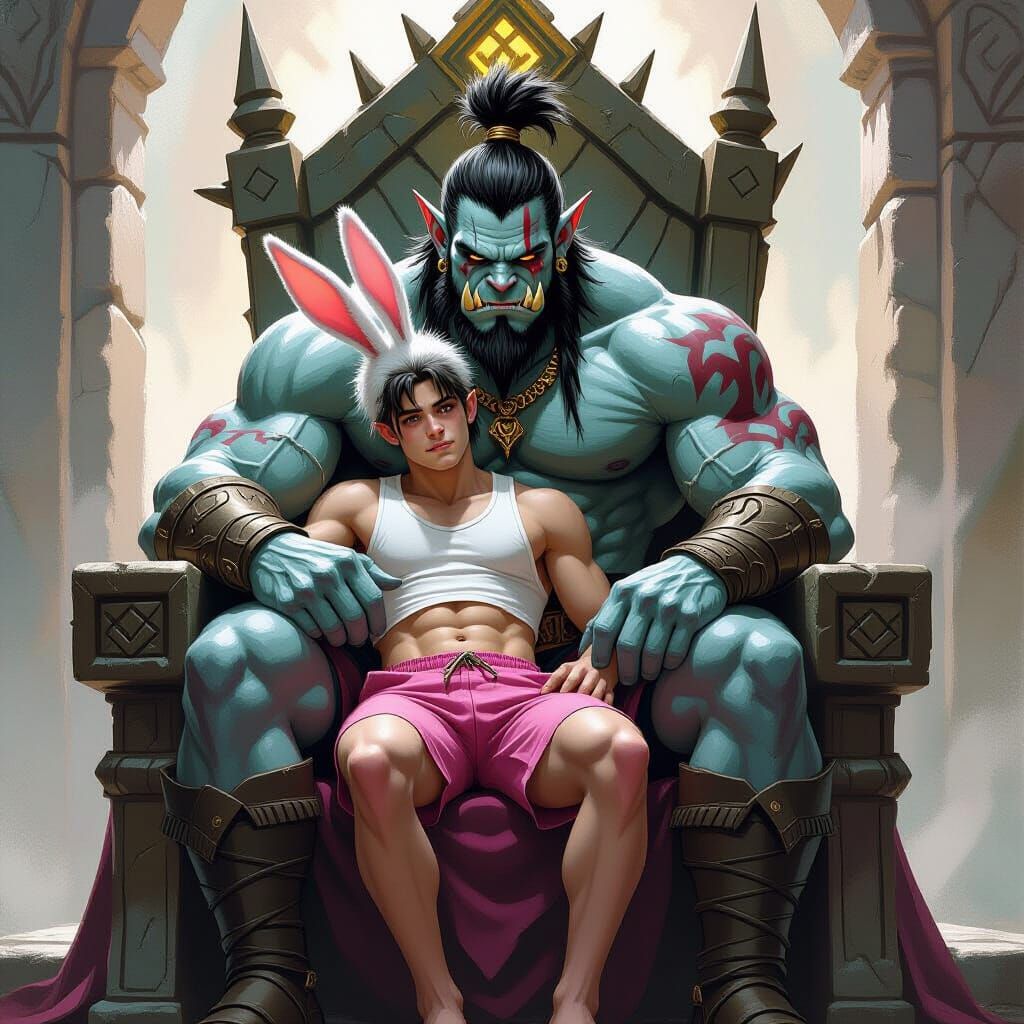 Fierce Orc Lord Cuddles Vulnerable Rabbit-Eared Youth