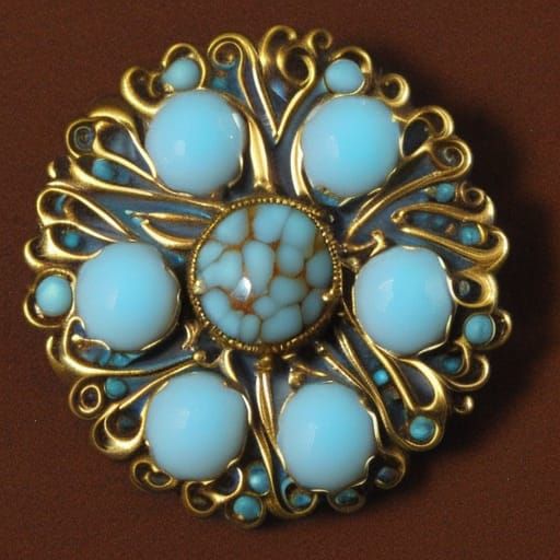 Edwardian Rosette Pin with Turquoise Gem, Matte Painting
