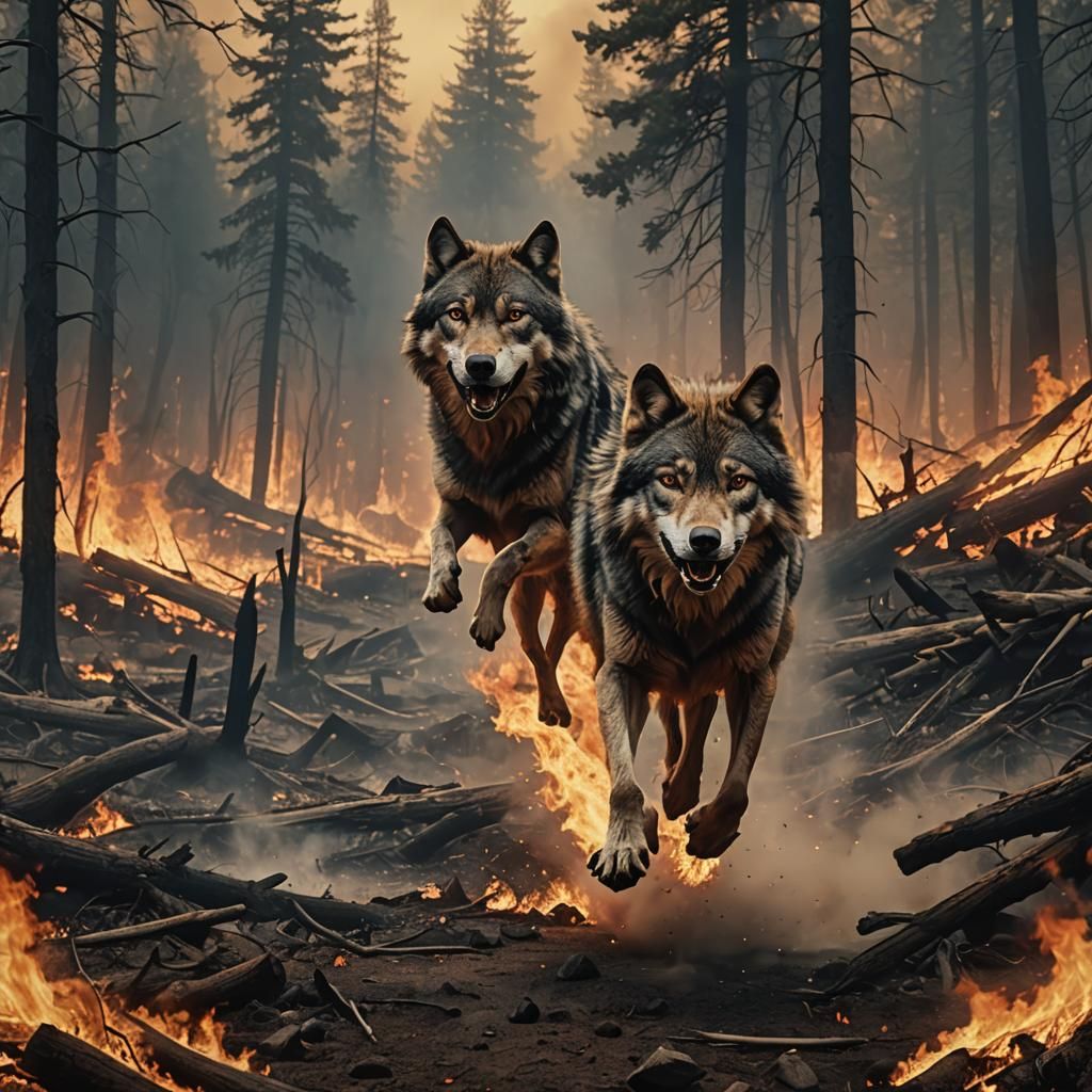 Wolf Escapes Forest Fire: Epic Digital Painting
