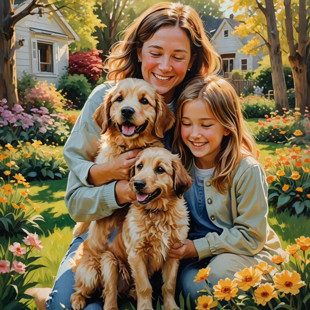 Family Portrait with Puppy as Impressionist Oil Painting