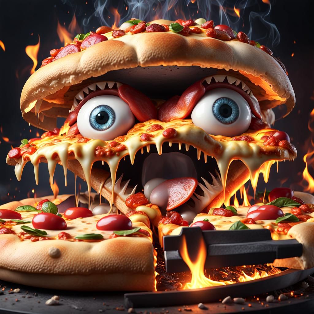 Photorealistic Pizza Monster in Fiery Sci-Fi Scene