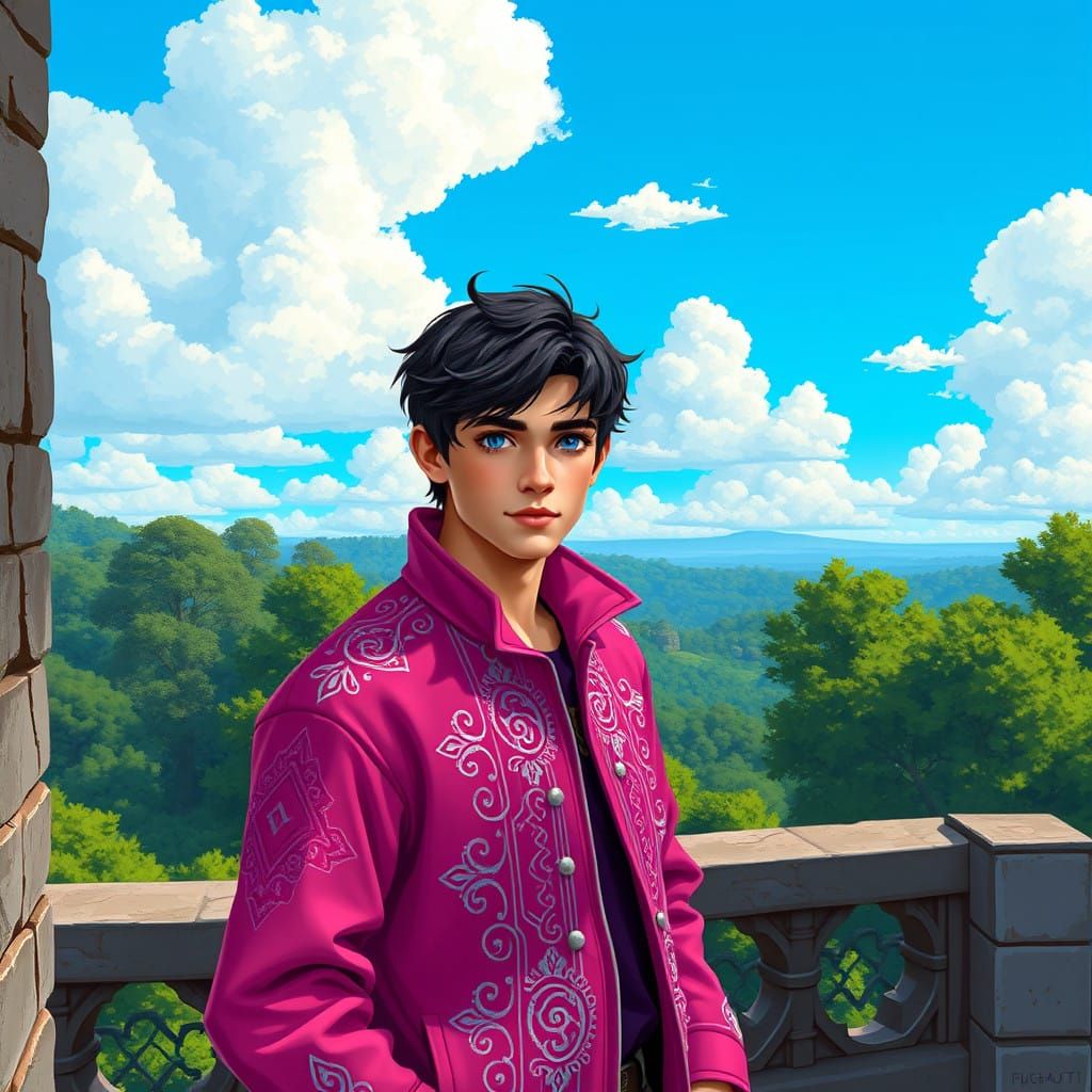 Young Man on a Balcony in Vibrant 8-Bit Fantasy