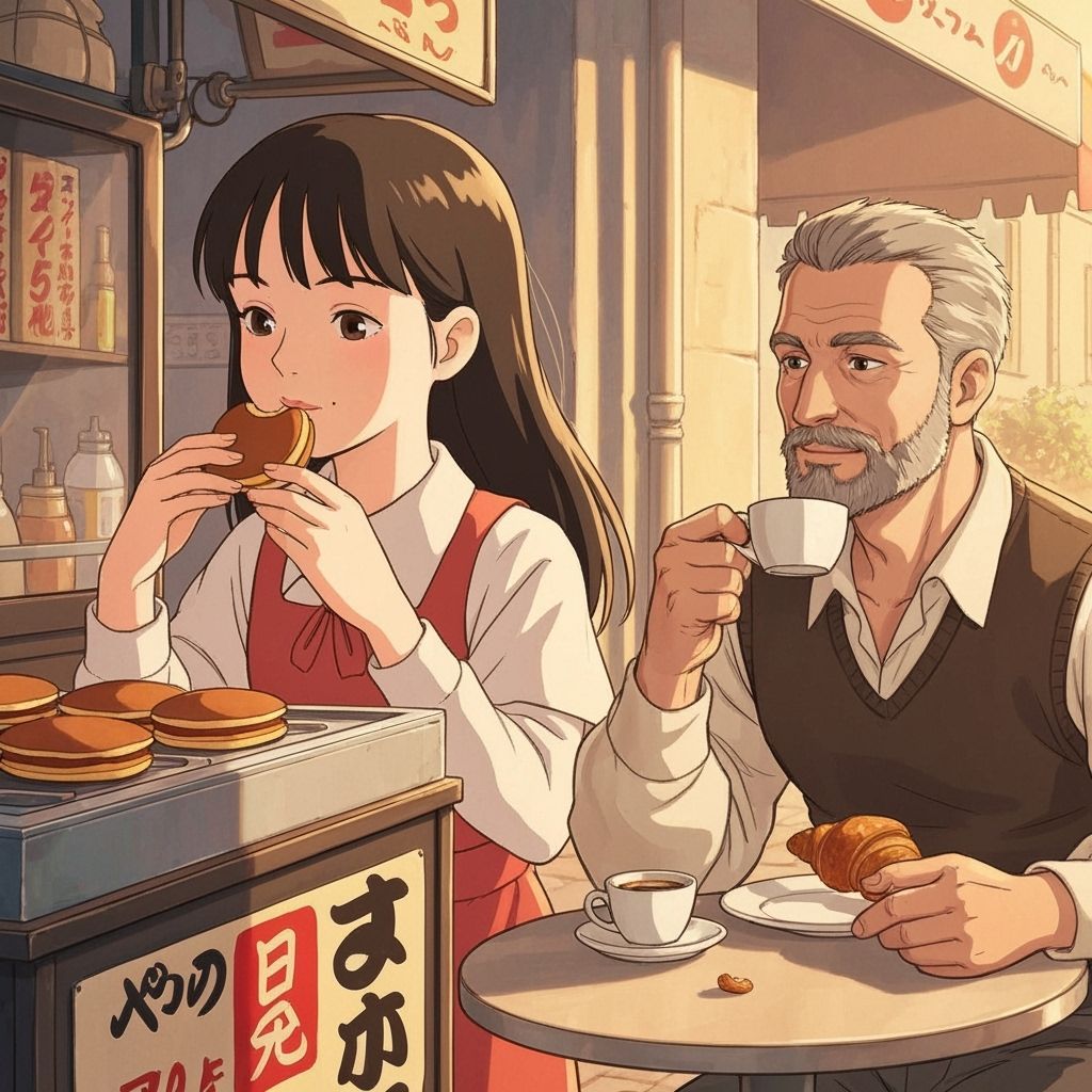 Japanese Girl Eats Dorayaki Beside Italian Man in Ghibli Sty...