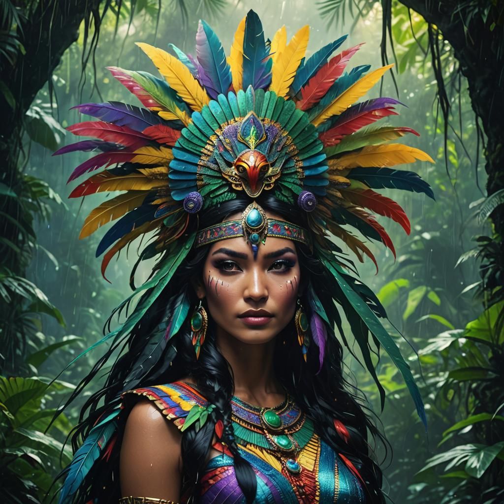 Vibrant Quetzalcoatl Priestess in Jungle Setting