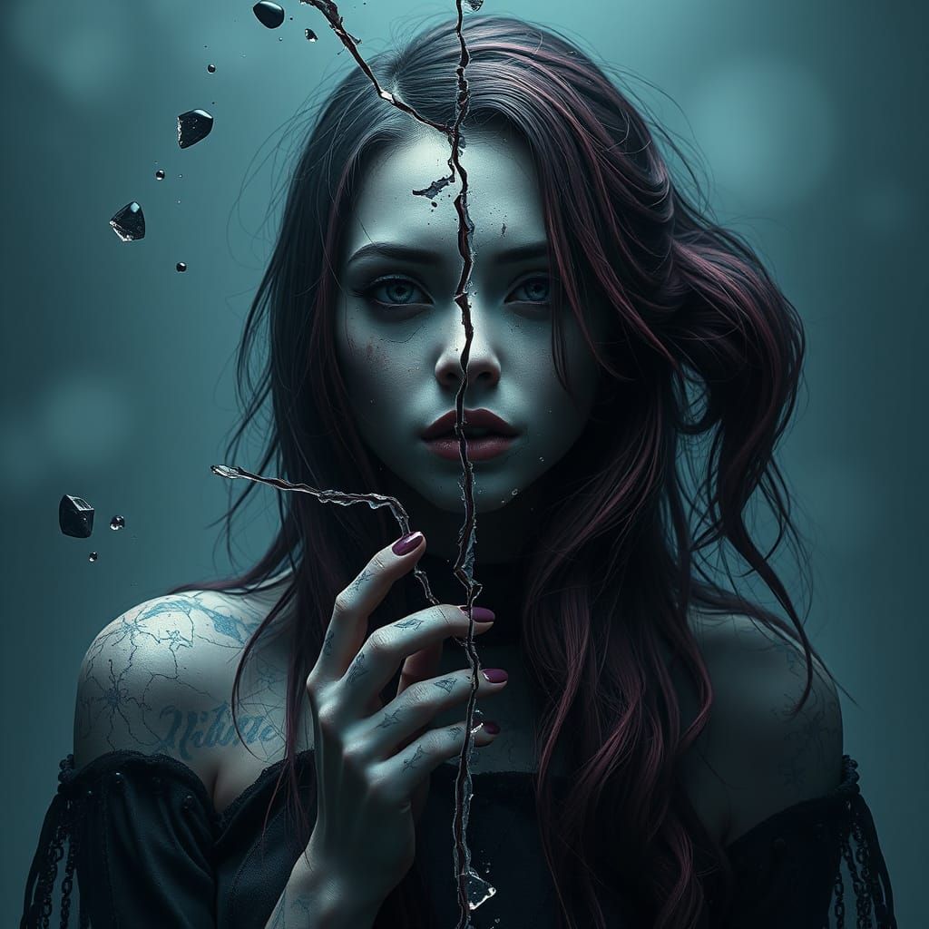 Mournful Gothic Goddess in Shattered Reflection
