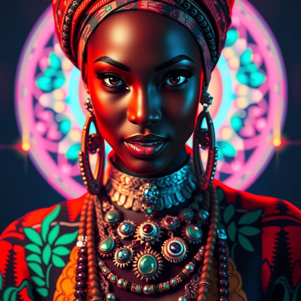 Naomi Campbell Cyberpunk Portrait in Neon Style