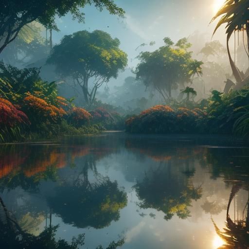 Lush Jungle Reflected in Water Droplets: Fantasy Art