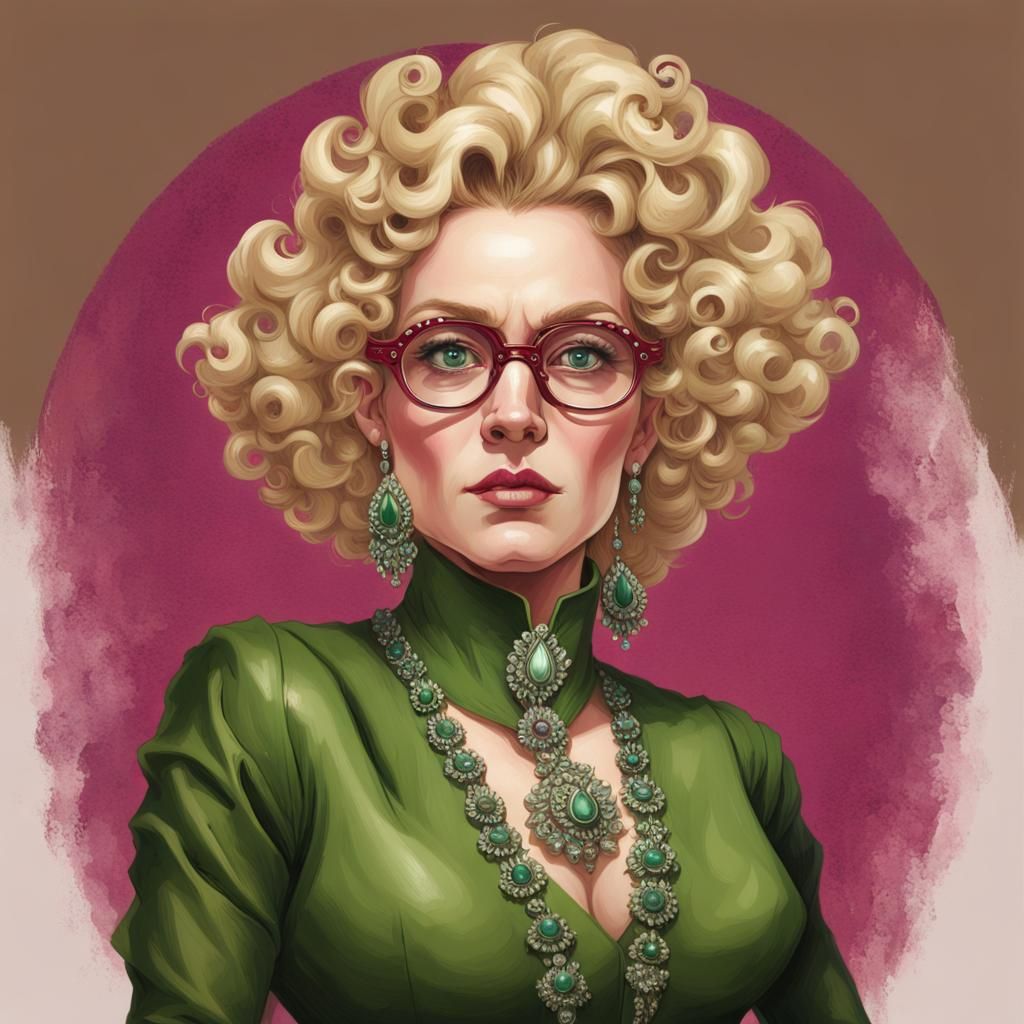 Woman with Blonde Curls and Green Leather Outfit