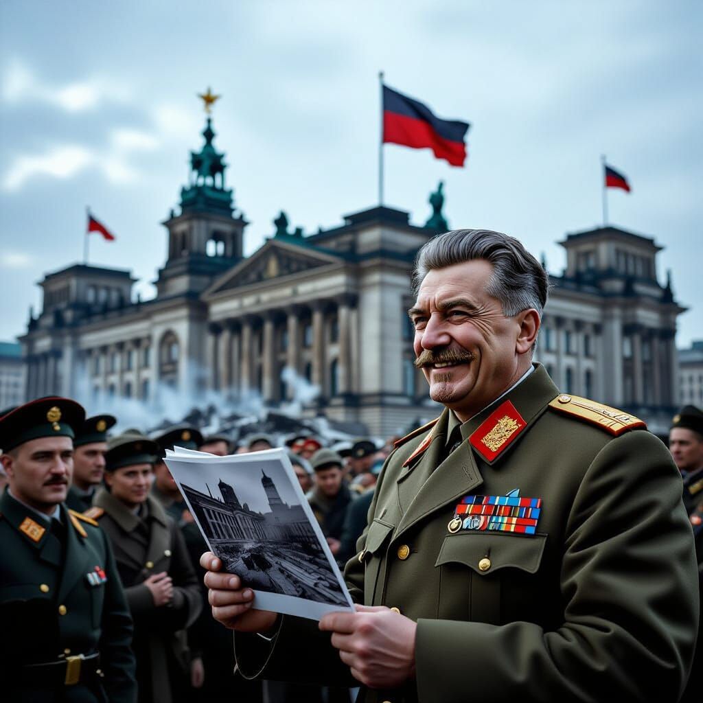 Stalin's Grim Satisfaction: Soviet Flag Over Reichstag