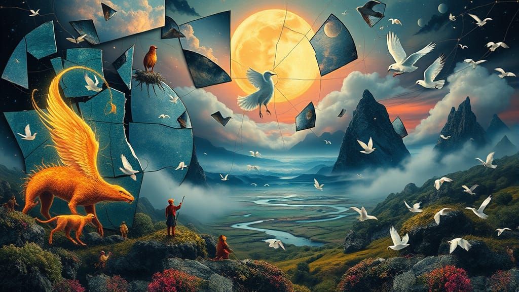 Surreal Mythical Collage in Vibrant Abstract Style