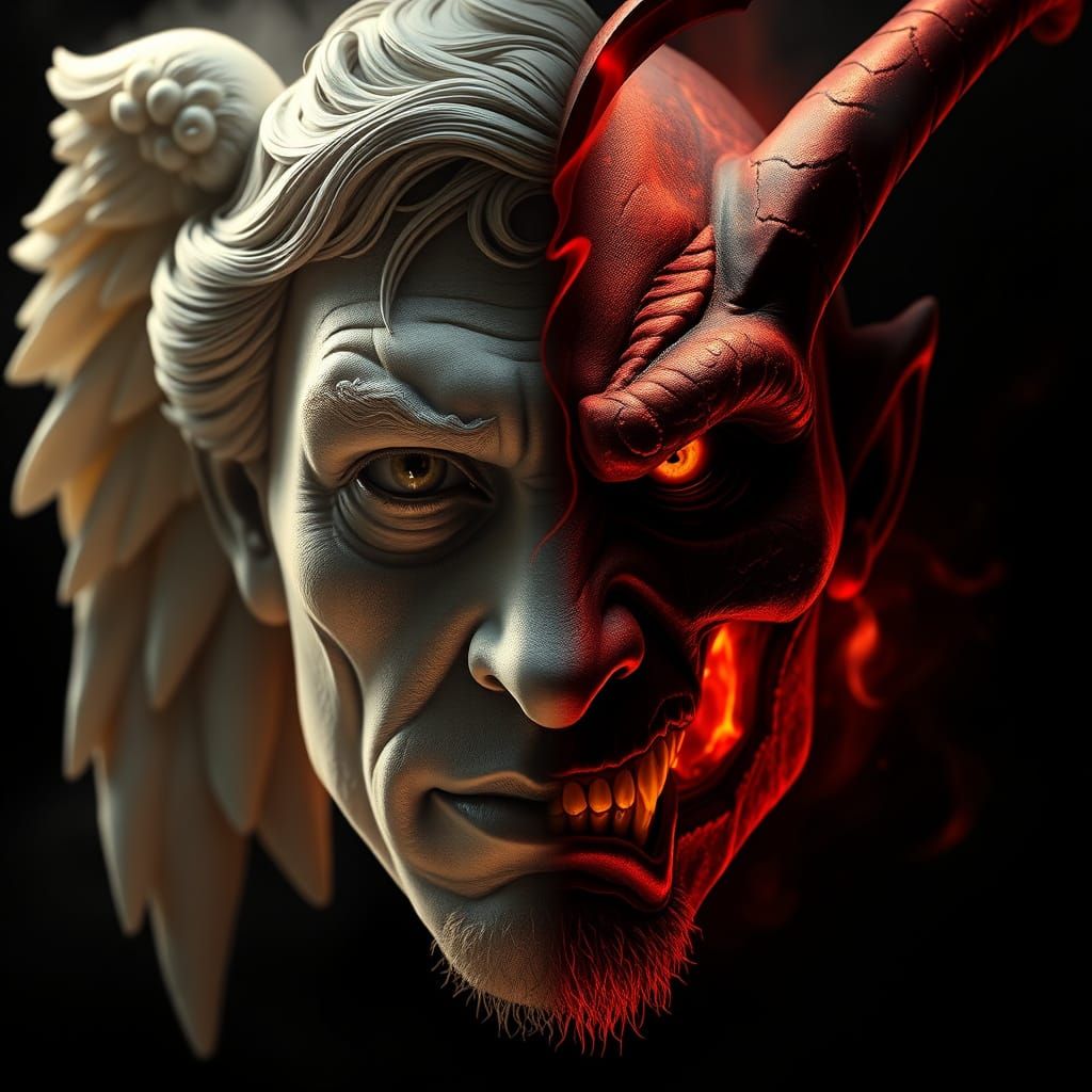 Benevolent and Malevolent Dual Aspect Face in Rich Black Bac...