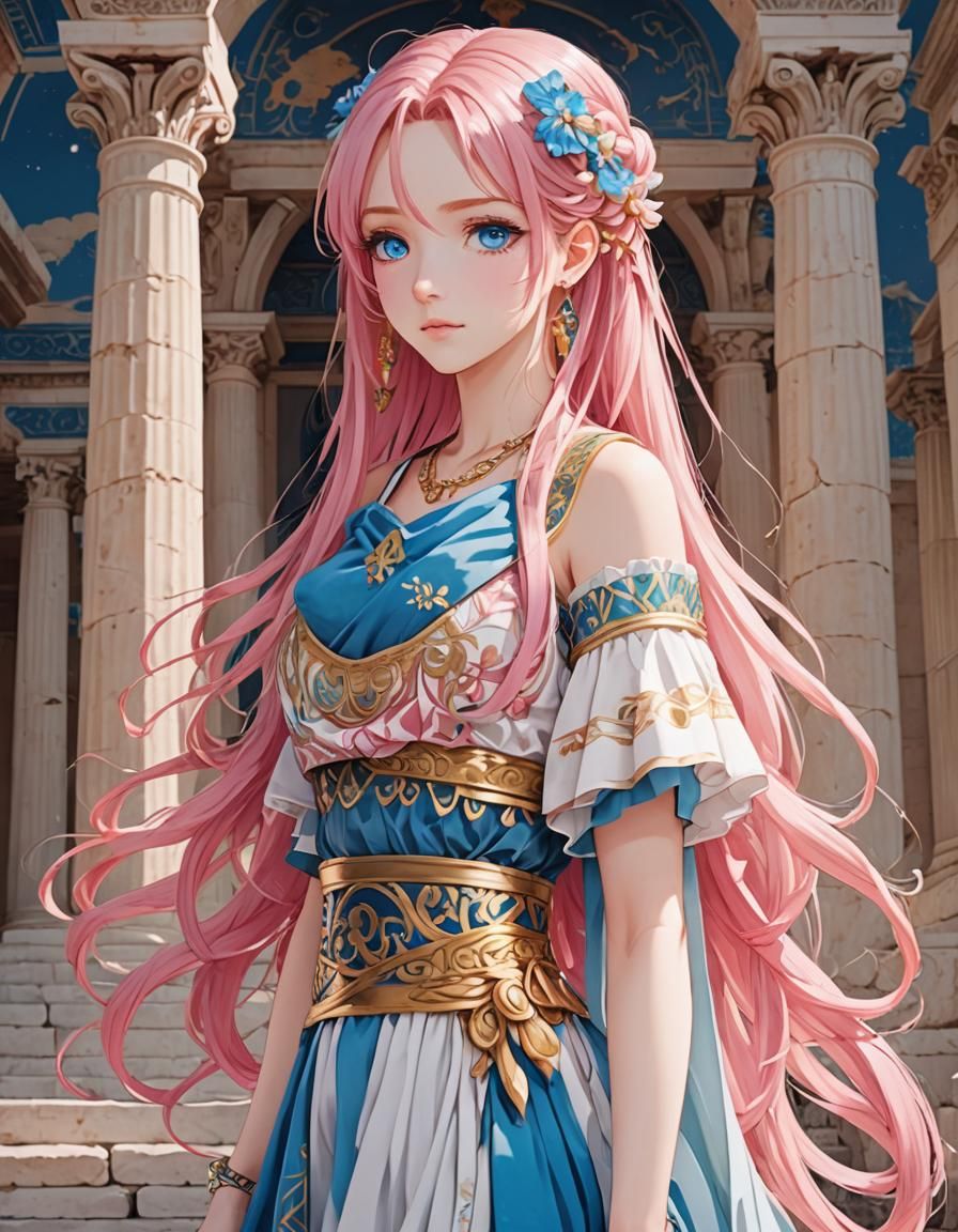Anime Girl in Greek Dress with Pink Hair