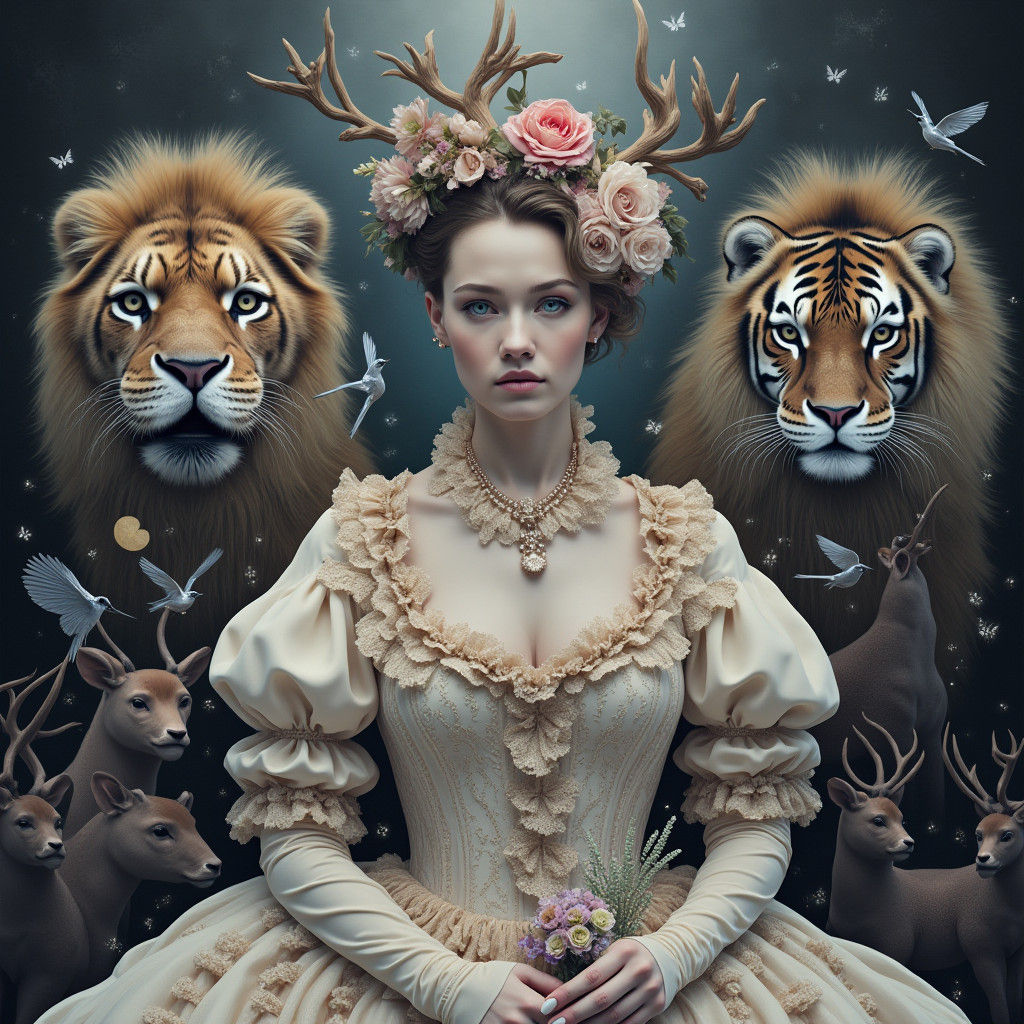 Victorian Woman in Surrealist Dreamscape, Digital Art