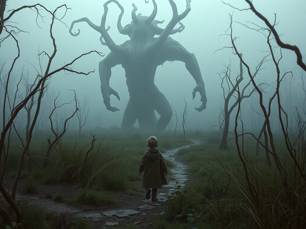 Child's Journey to Swamp Monster in Eerie Garden