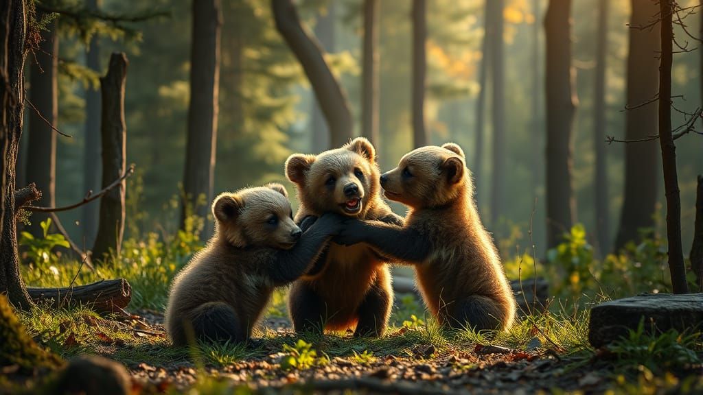 Wrestling Bear Cubs in Deep Forest with God Rays