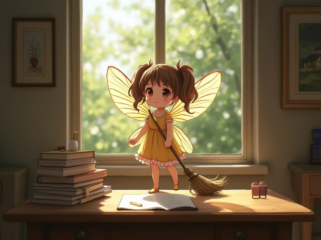 Cute Pixie Sweeping Desk in Anime Style