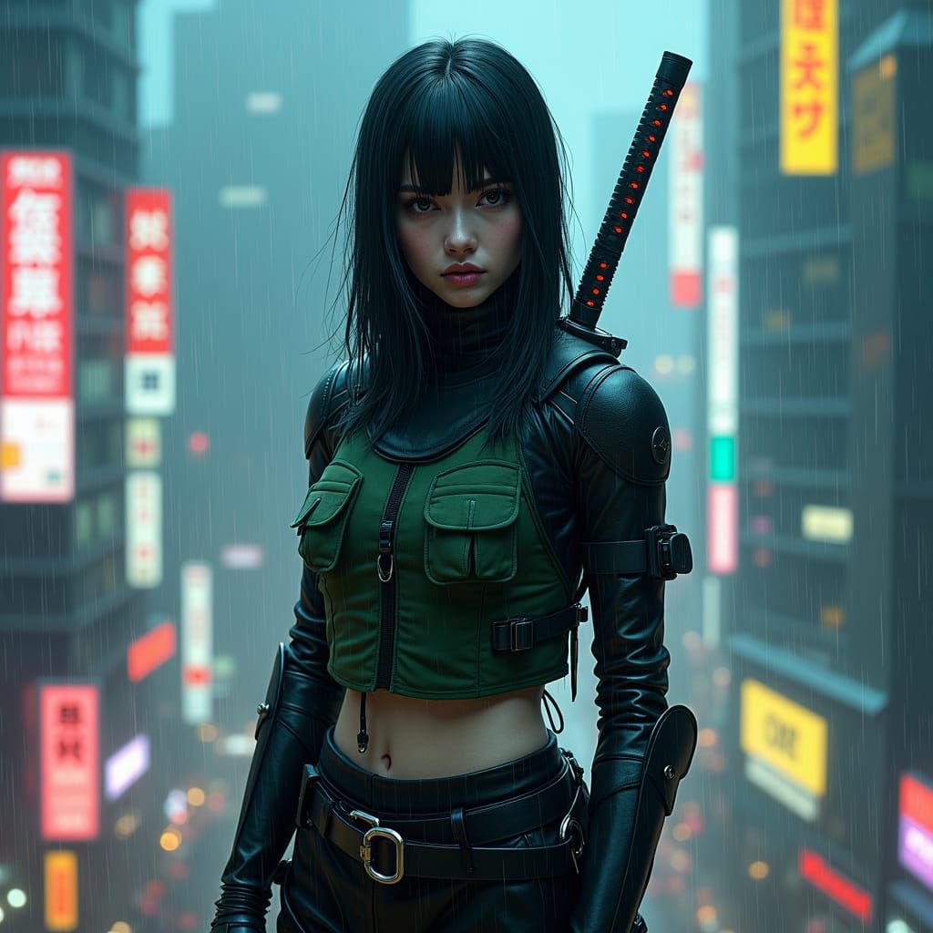Cyberpunk Assassin on Osaka Rooftop