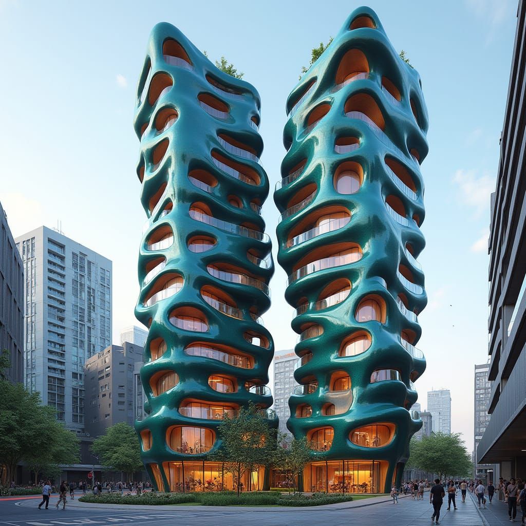 Futuristic Organic Towers in Urban Garden Setting