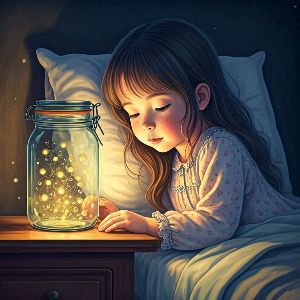 Girl in Bed with Fireflies: a Watercolor Drawing